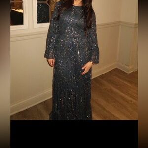 Modest Evening Dress - Sparkling Navy Sequin Long Sleeve Dress